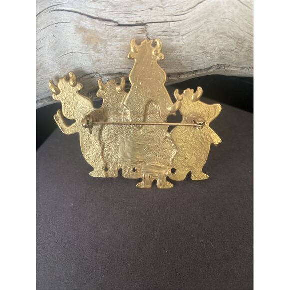 Vintage JJ Jonette 1980s Happy Cows Bulls Brooch Pin Copper/Gold Tone 2.23" - Picture 3 of 4